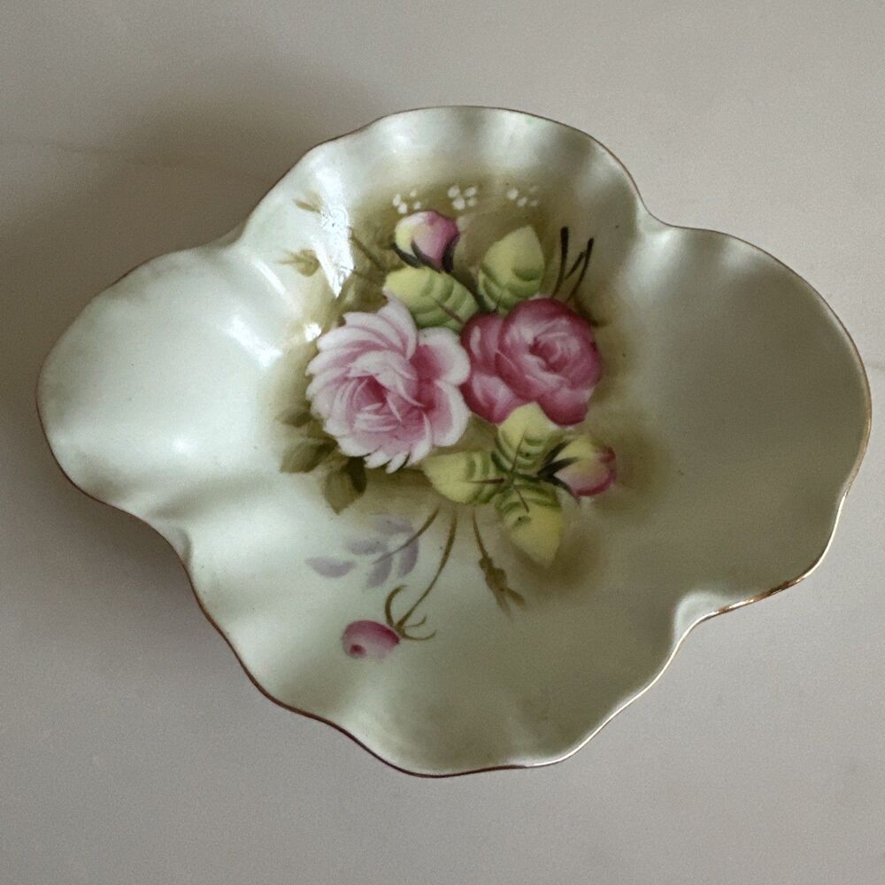 Vintage LEFTON Heritage Green Roses #1860 Hand Painted Candy Nut Trinket Dish